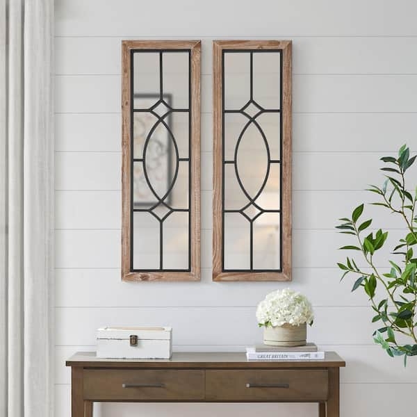 Farmhouse Windowpane Mirror Set: Natural Wood Toned Rectangular Pair