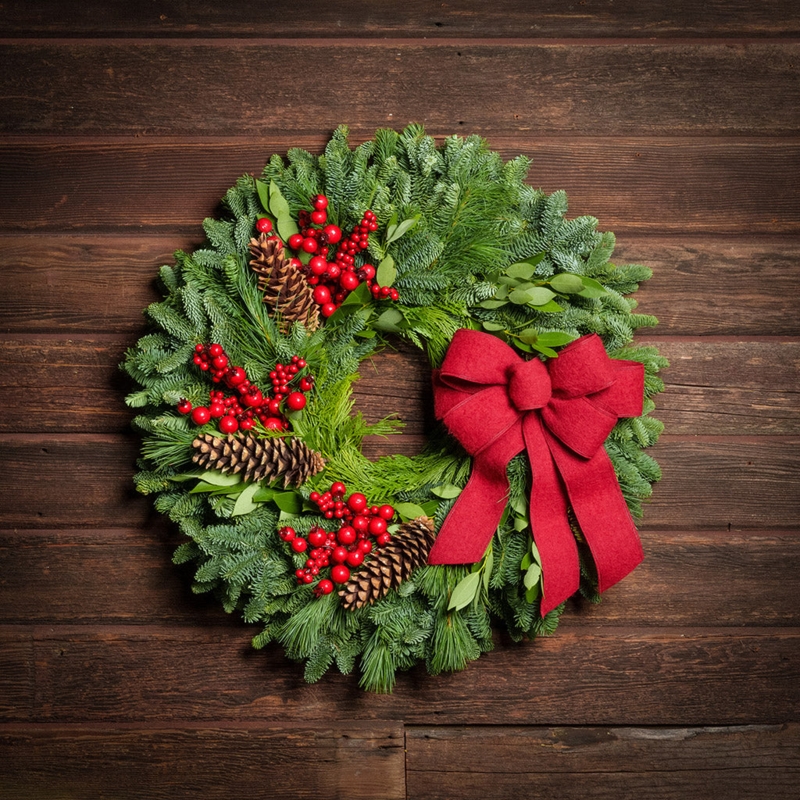 Farmhouse Wreath featuring Buffalo Plaid Ribbon & White Tipped Pinecones