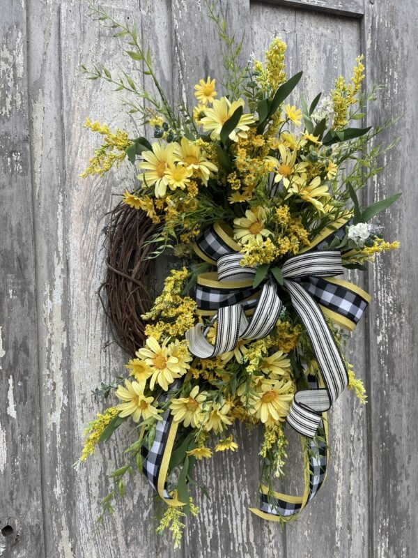 Farmhouse Wreath with Checkered Accent Bow, Spring Wreath