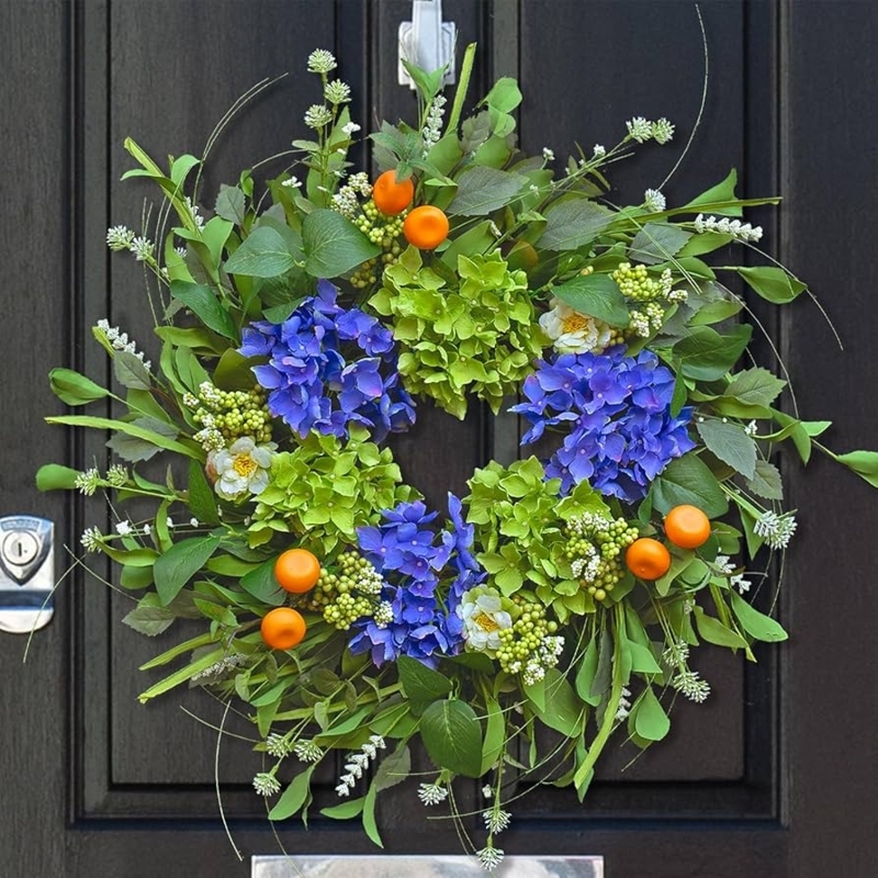 Farmhouse Wreath with White Hydrangeas and Faux Mandarins