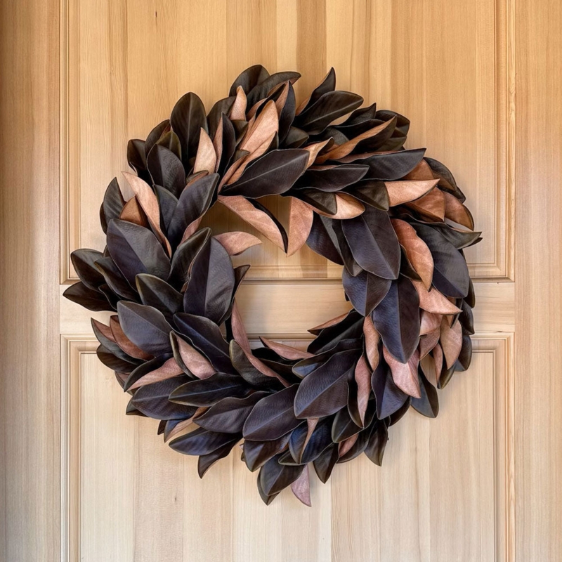Faux Brown Magnolia Leaf Wreath with Metallic Sheen, Warm Natural Style