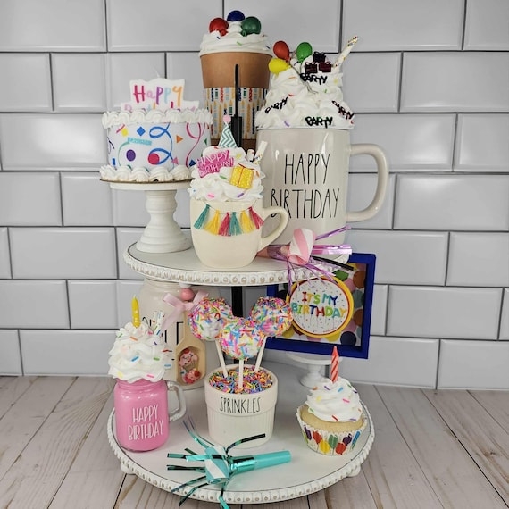 Faux Cake and Mini Mug Set for Whimsical Birthday Tray Decor