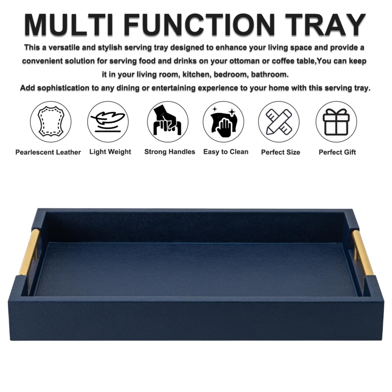 Faux Leather Decorative Tray with Gold Handles and Contrast Stitching