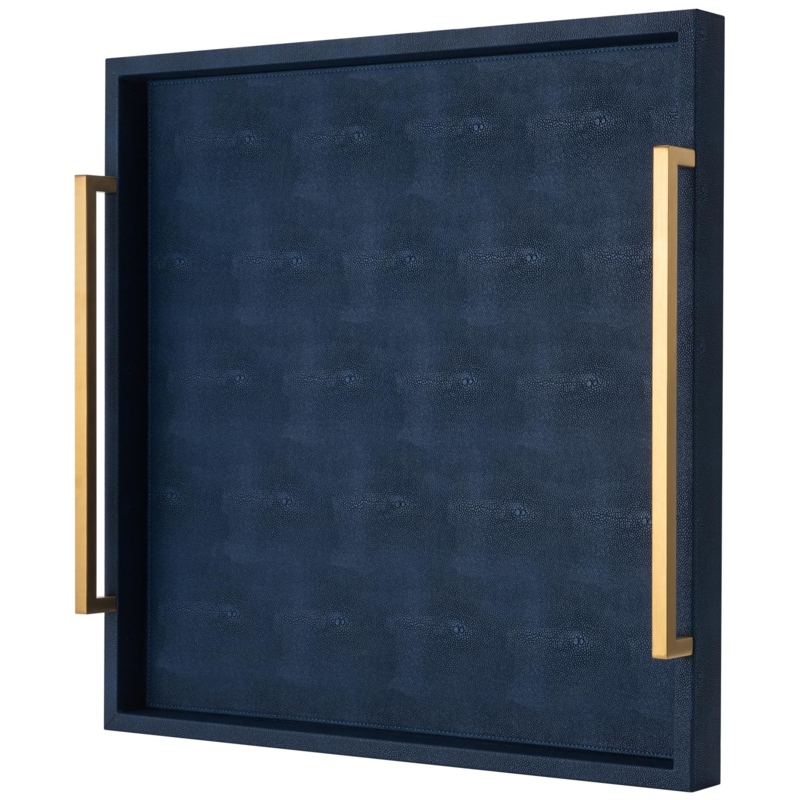 Faux-Shagreen Decorative Tray Rectangular Blue Gold Handles