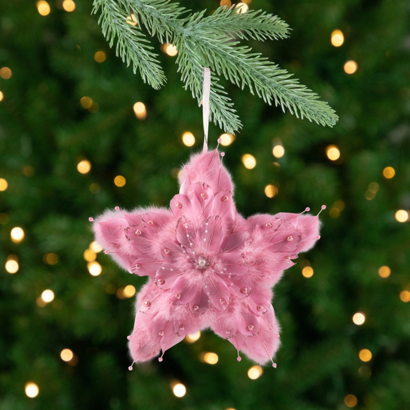 Feathered Star Christmas Ornament with Glitter Trim and Hearts.