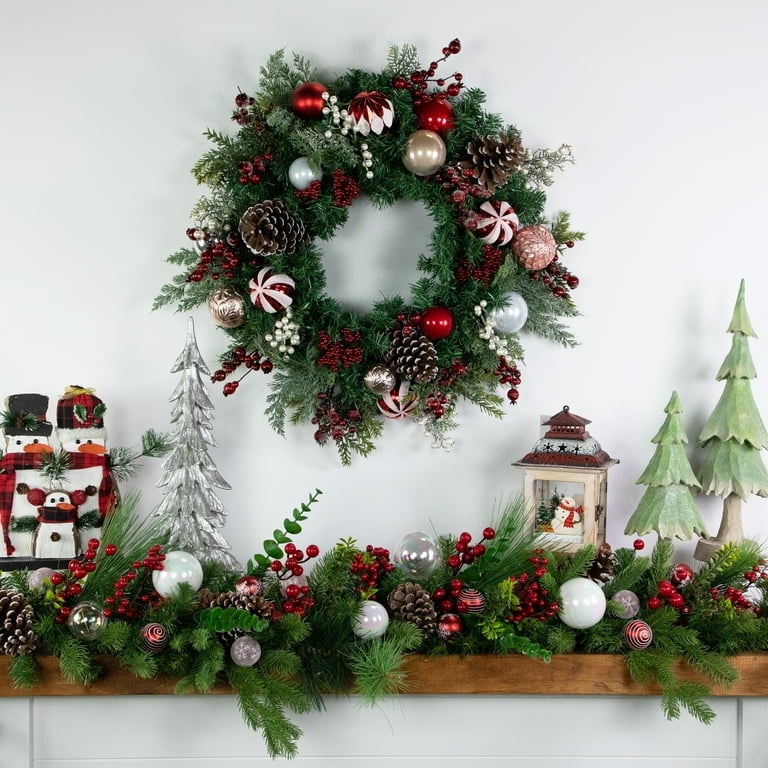 Festive Christmas Wreath Red And Gold Ornaments Pinecone Accents