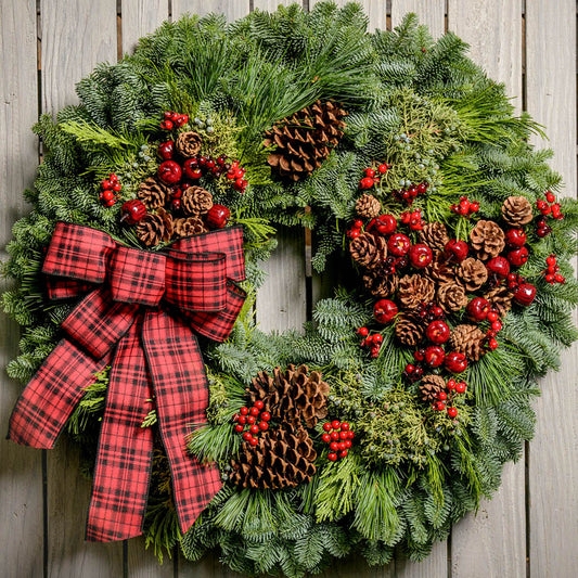 Festive Evergreen Wreath with Silver Bells and Buffalo Plaid Bow