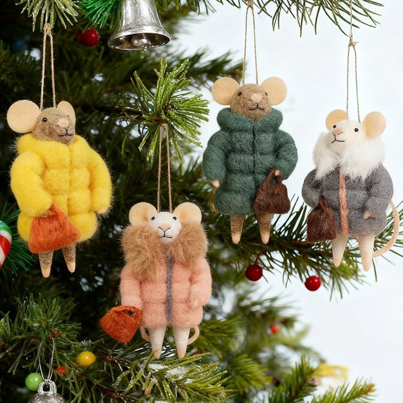 Festive Felt Mice Ornaments Handmade Wool Animal Set
