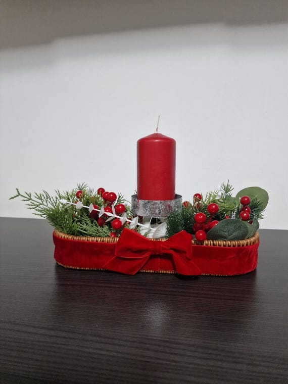 Festive Holiday Candle Centerpiece: Red Velvet Bow, Four Taper