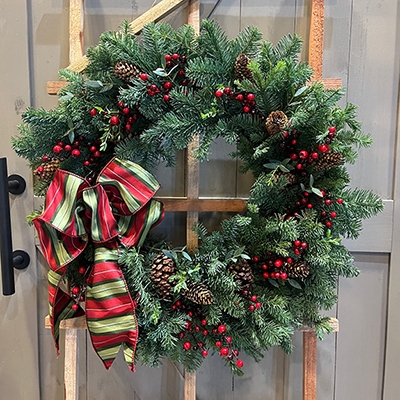Festive Holiday Wreath with Festive Ribbon Bow Berry Clusters
