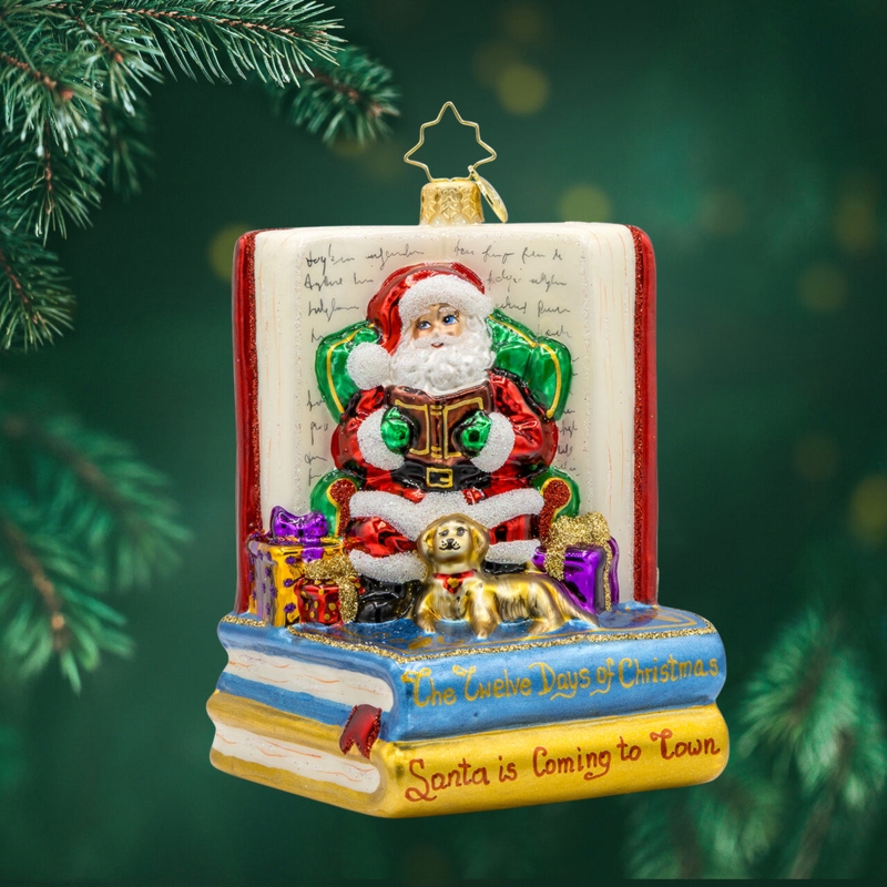 Figural Glass Santa Ornament Bookshelf Motif Glitter Details Nostalgic