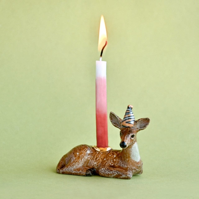 Figurine Candle Holder Glossy Porcelain Deer Flower Crown Woodland Decor