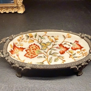 Filigree Metal Rim Porcelain Tray with Blue and White Center & Four Feet
