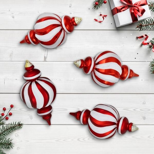 Finial Ornaments: Set of 4 Red & White with Scrolled Pattern