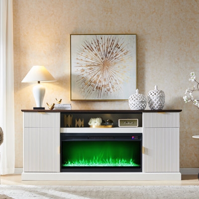 Fireplace TV Stand Fluted Doors Gold Metal Legs 36 Inch Fireplace White