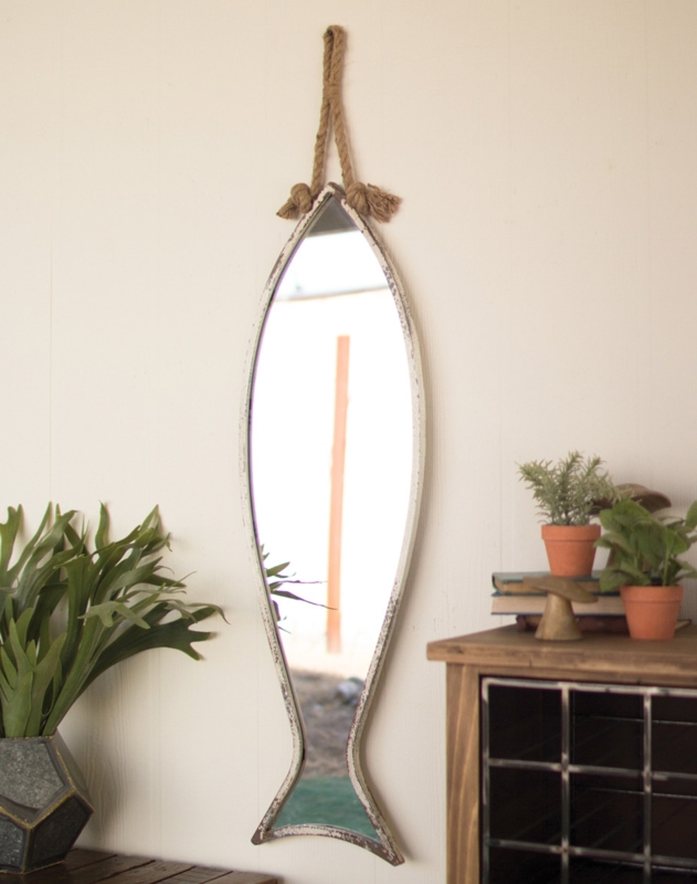 Fish-Shaped Accent Mirror with Distressed Finish and Rope Hanger