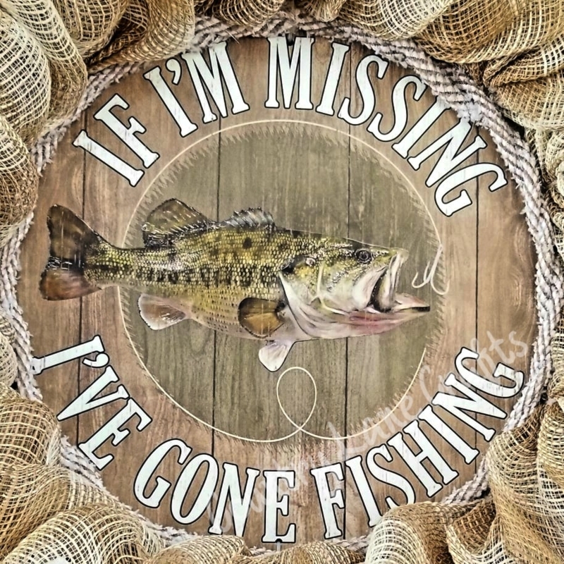 Fishing Theme Wreath with Artificial Trout and Wooden Sign
