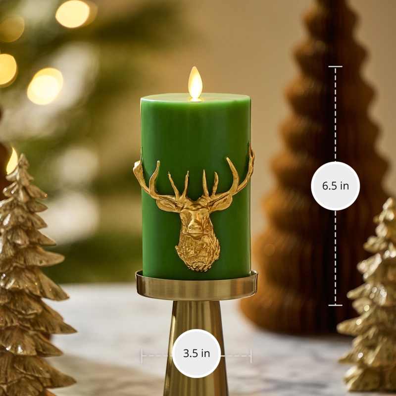Flameless Candle Green Reindeer Motif Etched Design Battery Operated