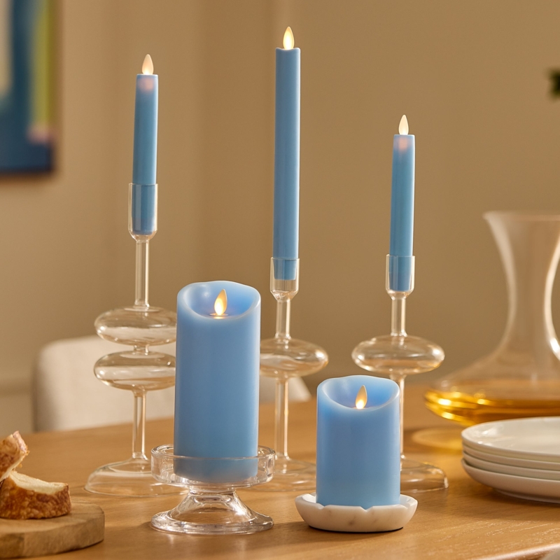 Flameless Candle Set Airy Blue Wax Scalloped Top Moving Flame