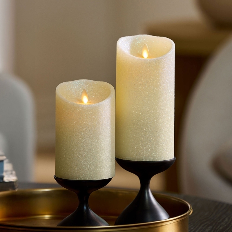 Flameless Candle Set, Glitter Finish, Staggered Heights, Warm Glow.