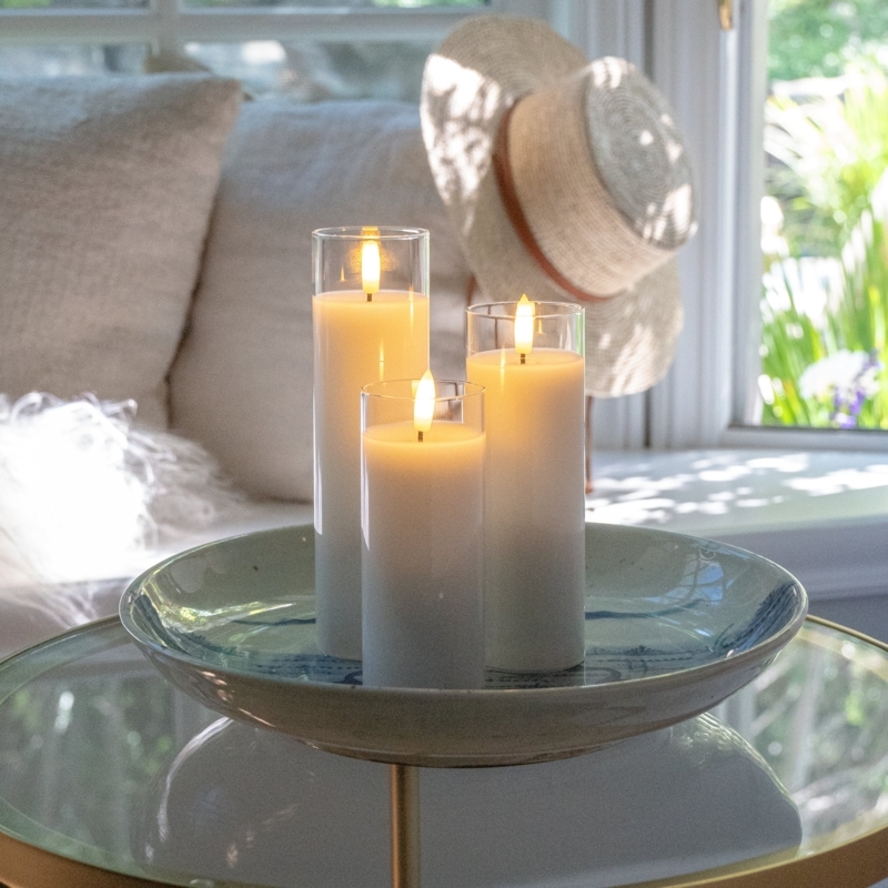 Flameless Candle Set Slender Pillar Glass Encased Modern Minimalist