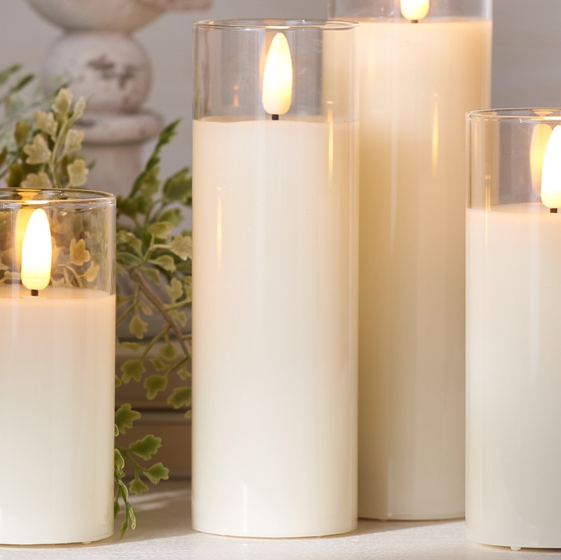 Flameless Candle Trio, Glass Cylinder Shield, Black Pedestal Base.