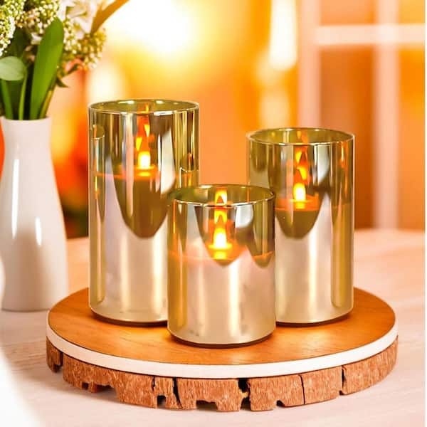 Flameless Candles Gold Glass Casing Glossy Finish Glam Staggered