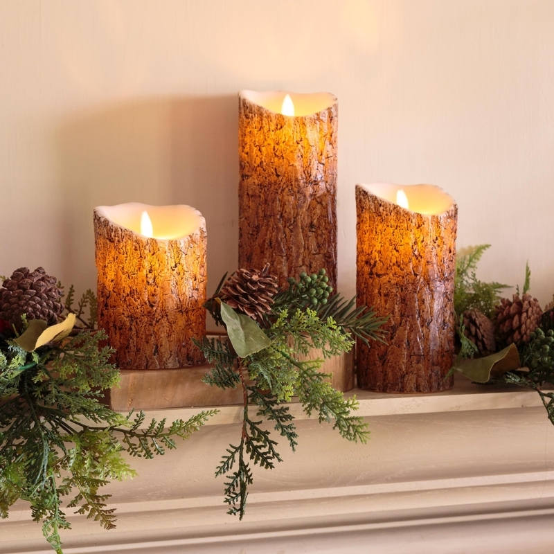 Flameless Candles Rustic Bark Texture Woodland Tiered Heights Set