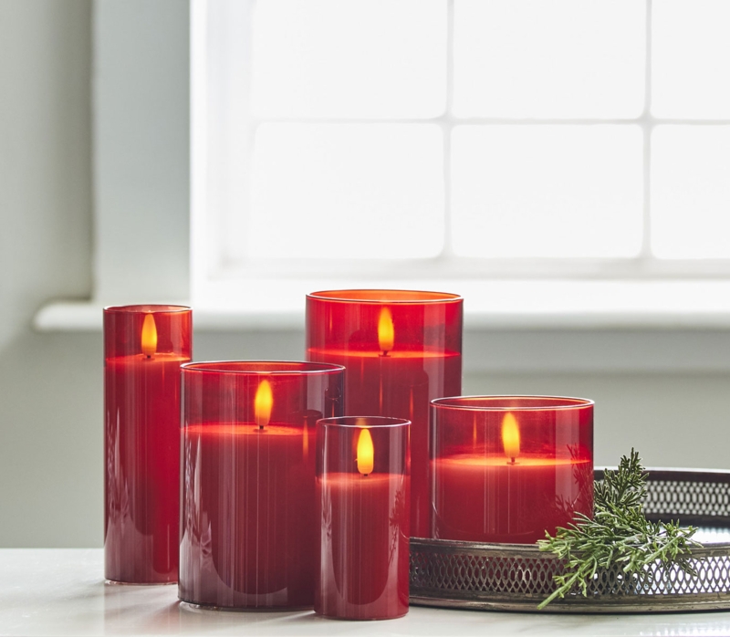 Flameless Pillar Candle, Red Glass Container Ivory Wax Flicker