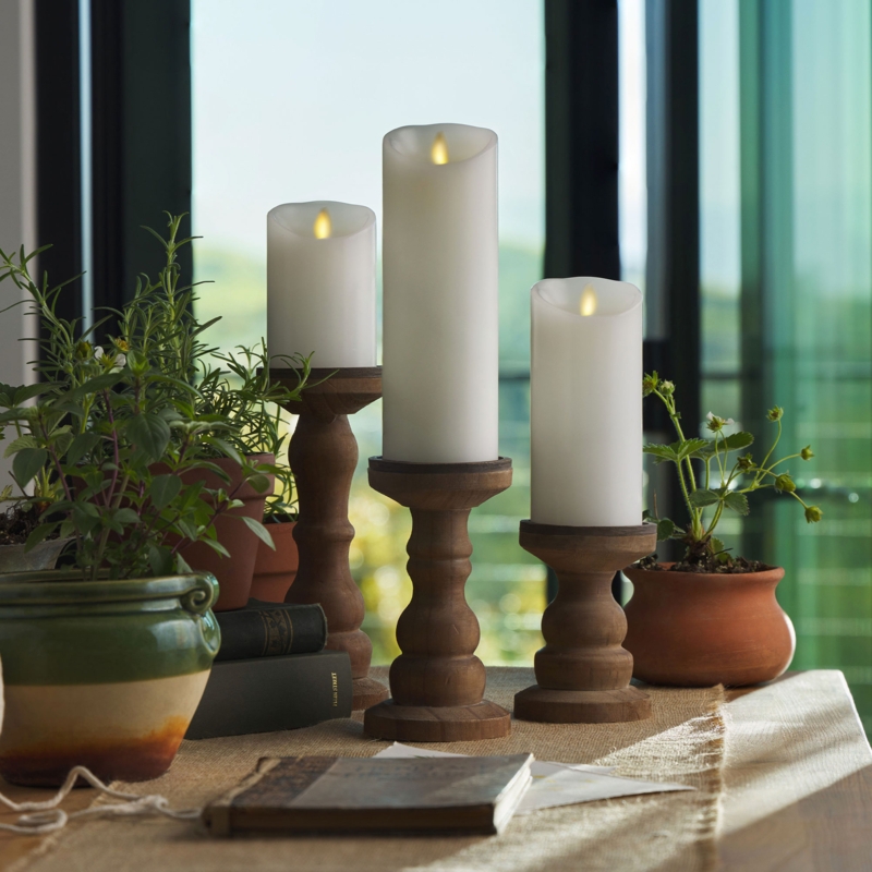 Flameless Pillar Candle Scalloped Top Wax Like, Farmhouse Vignette