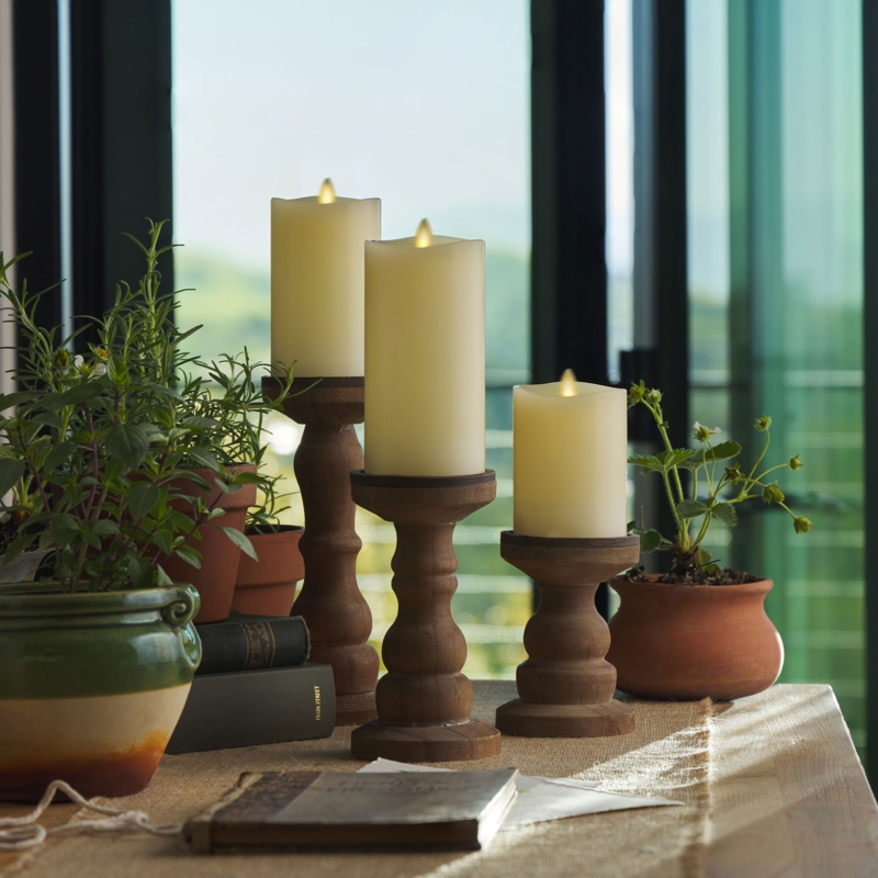Flameless Pillar Candle Set Melted Edge Ivory Staggered Height