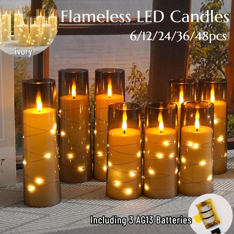Flameless Pillar Candles Embedded String Lights Frosted Festive