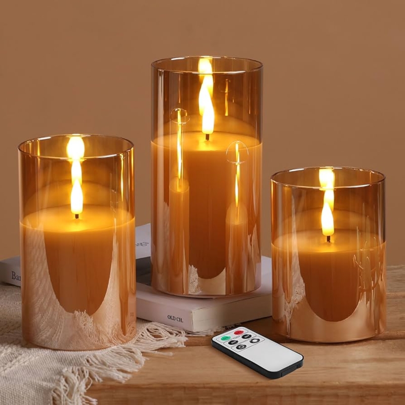 Flameless Pillar Candles Gold Glass Set with Remote, Warm Amber Glow