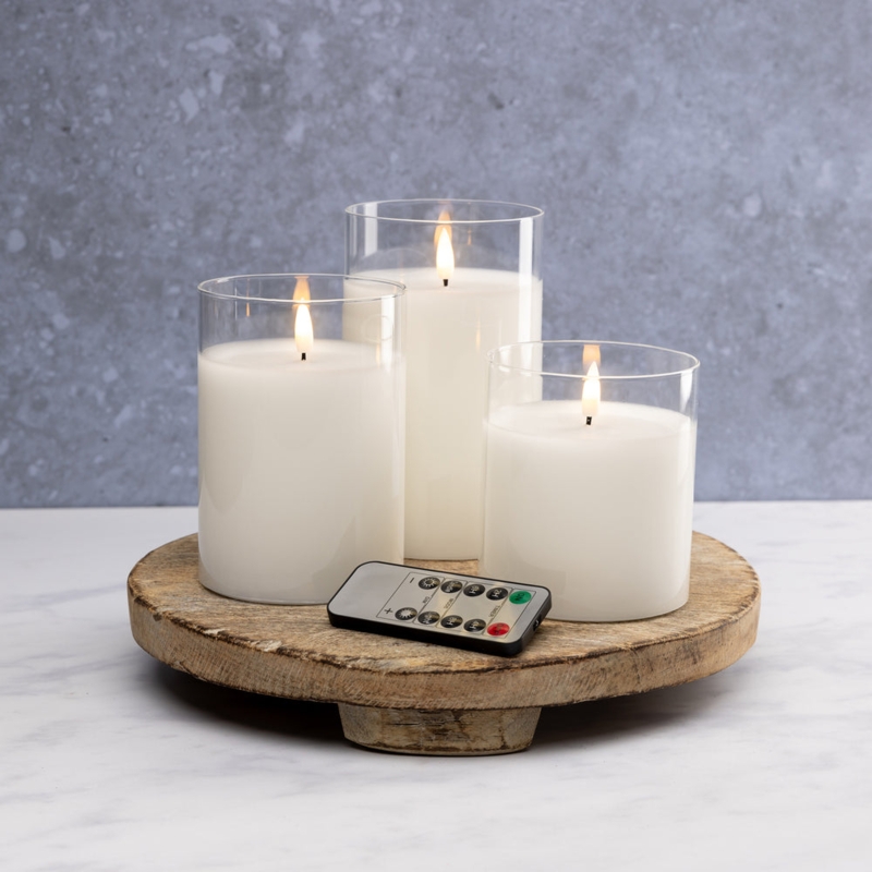 Flameless Pillar Trio Hurricane Glass Minimalist Modern Staggered