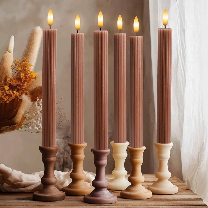 Flameless Taper Candles Fluted Ribbed Surface Modern Chocolate Brown Tone