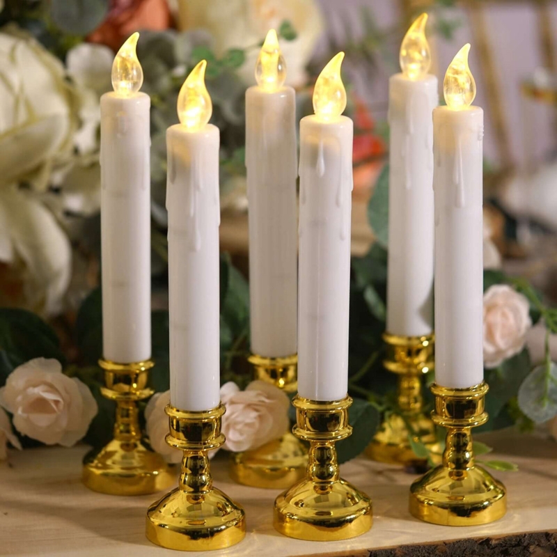 Flameless Taper Set Removable Gold Holders White Classic Silhouette