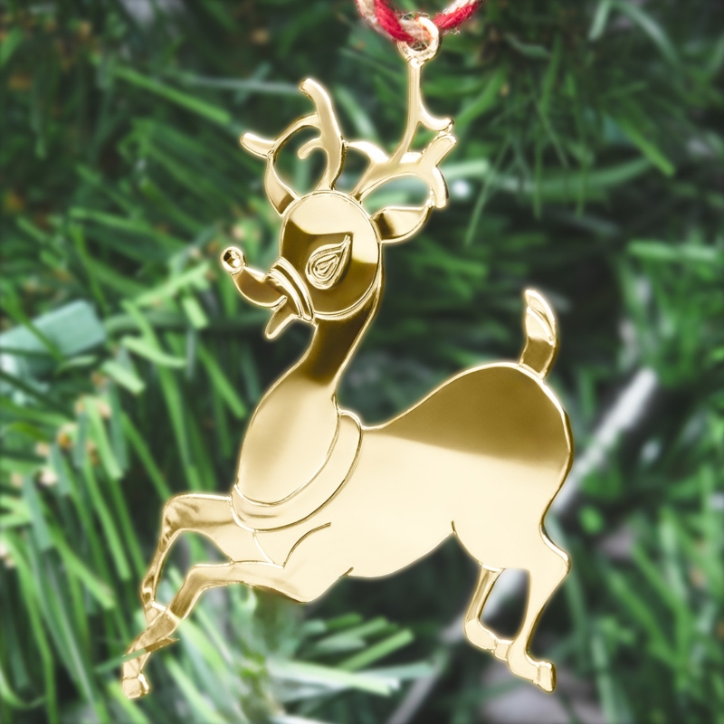 Flat Running Reindeer Ornament Polished Gold Metal Silhouette Decor