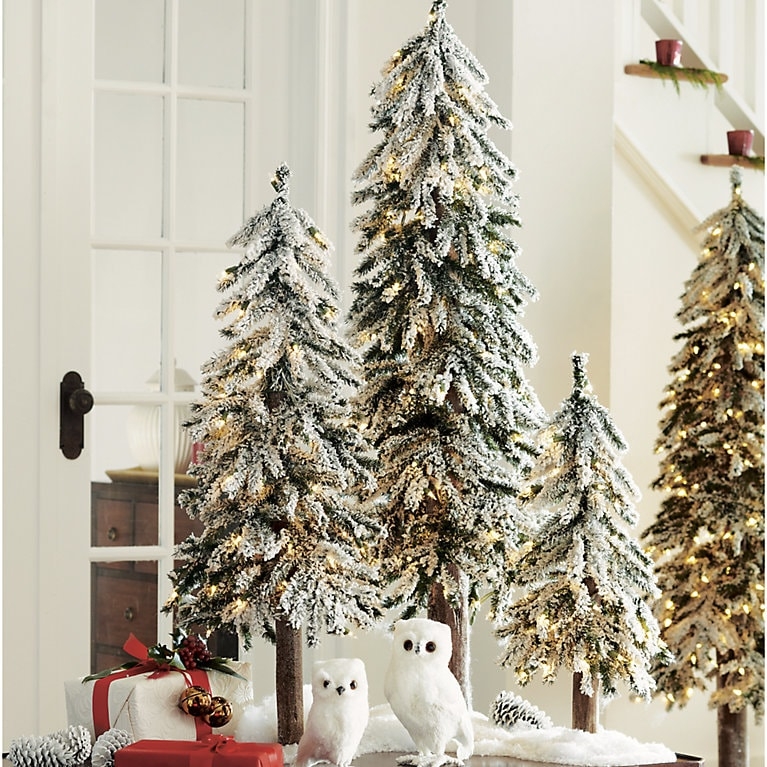 Flocked Alpine Tree Set: Slender Pre-Lit Trio for Farmhouse Decor.