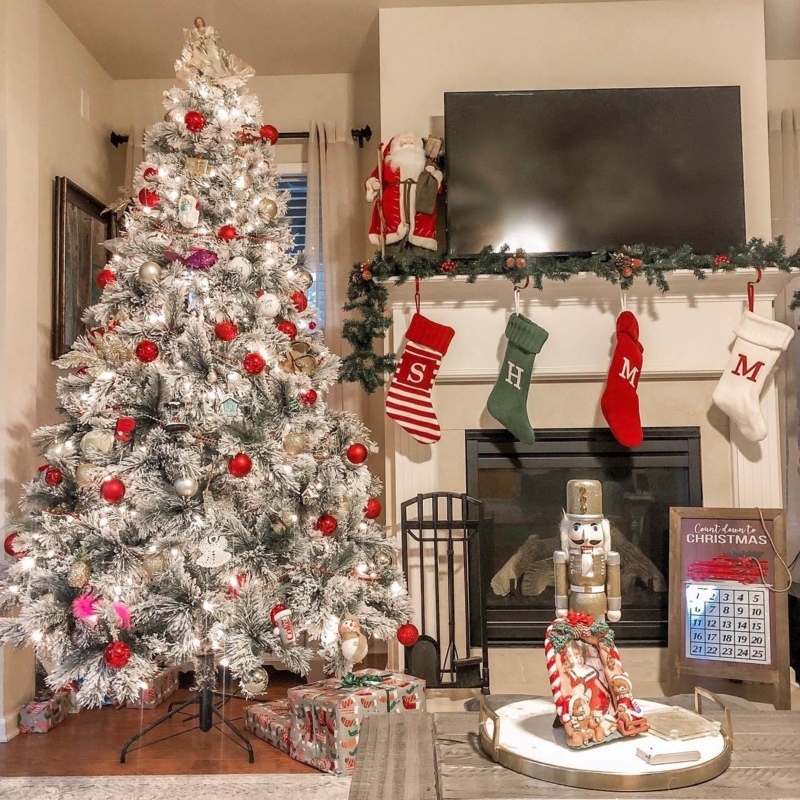 Flocked Christmas Tree 8 Foot Elegant Traditional Pre-lit Silver
