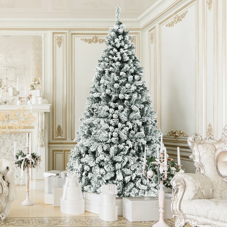 Flocked Christmas Tree, Hinged Branches, Warm White Lights, 9 Foot Height