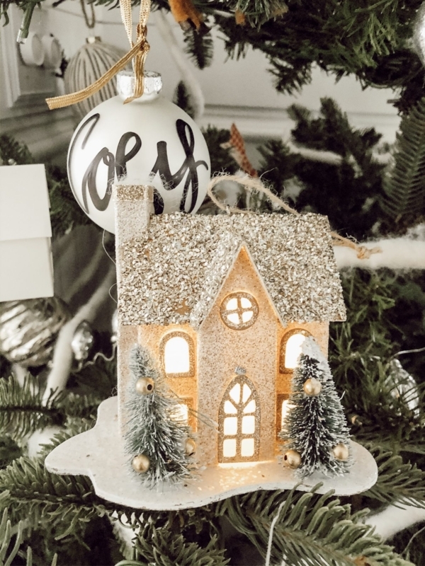 Flocked Christmas Tree styling with Wood Bead Garland and Neutral Palette