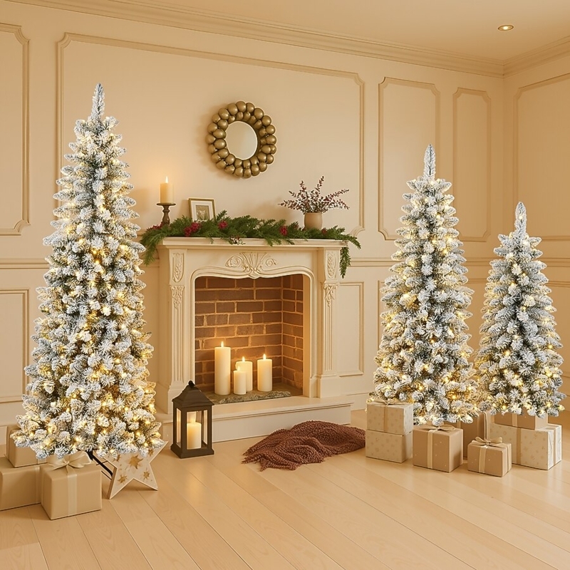 Flocked Christmas Tree Trio: Pre-Lit Set in Rustic Woven Baskets.