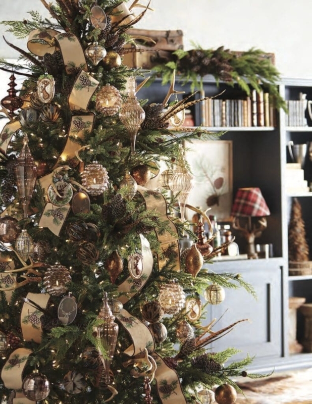 Flocked Christmas Tree with Buffalo Plaid Ribbon and Mini Lanterns