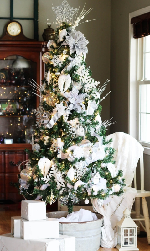 Flocked Christmas Tree with Iridescent Surface and Mercury Glass Decor