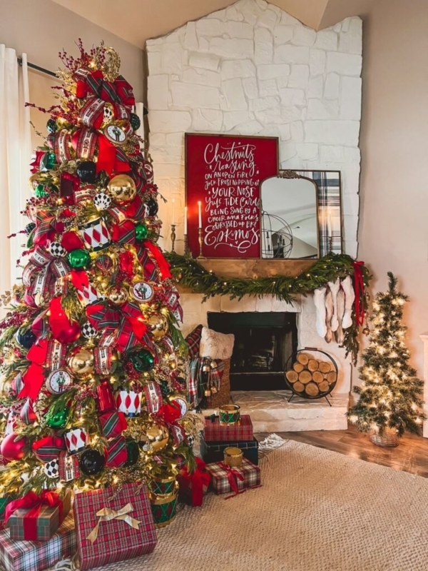 Flocked Christmas Tree with Navy Blue Accents and Oversized Ornaments