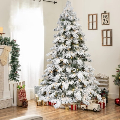 Flocked Christmas Tree with Wicker Basket Base and Heavy Snow