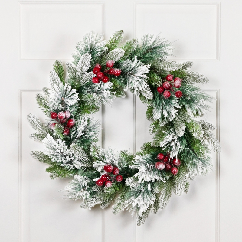 Flocked Christmas Wreath Heavy Flocking Berry Clusters Pinecones