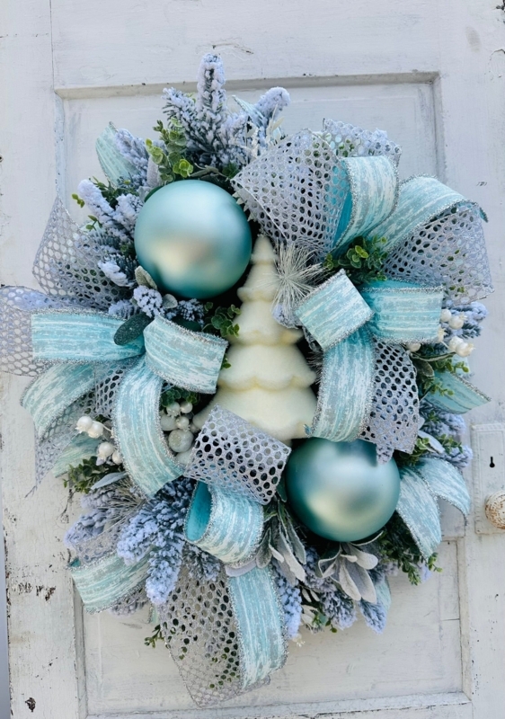 Flocked Christmas Wreath with Turquoise Accents