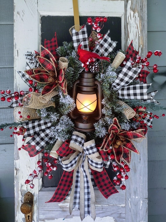 Flocked Farmhouse Christmas Wreath with Lantern Centerpiece