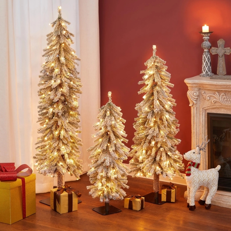 Flocked Pencil Christmas Tree Set of 3 Tiered Heights Pre-Lit Rustic